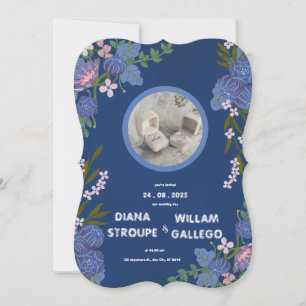 Blue and Pink Floral Modern Classic Wedding Invita