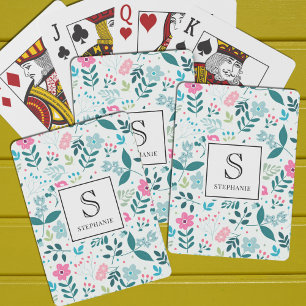 Blue and Pink Floral Pattern with Monogram Name Playing Cards