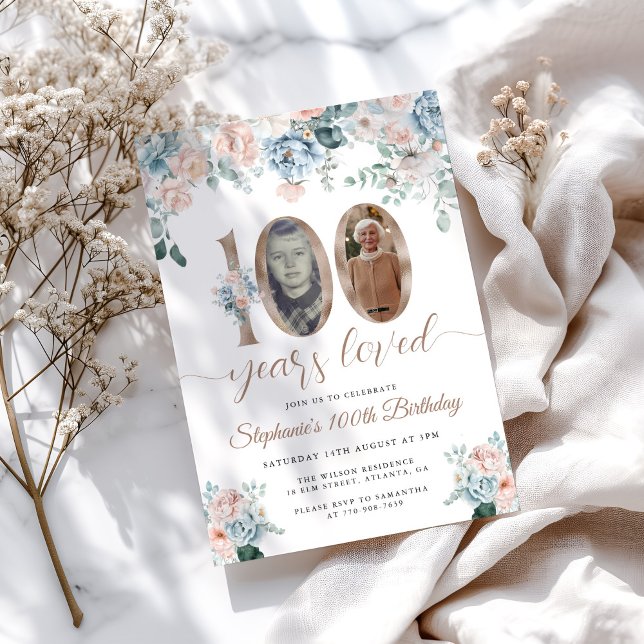 Blue and Pink Floral Photo 100th Birthday Invitation (Creator Uploaded)
