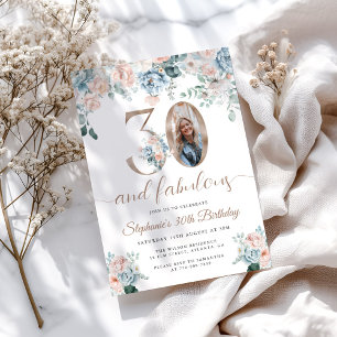 Blue and Pink Floral Photo 30th Birthday Invitatio Invitation