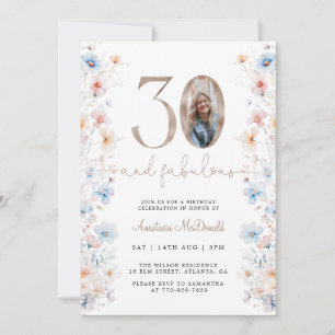 Blue and Pink Floral Photo 30th Birthday Invitation