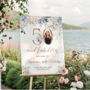 Blue and Pink Floral Photo 50th Birthday Welcome Poster
