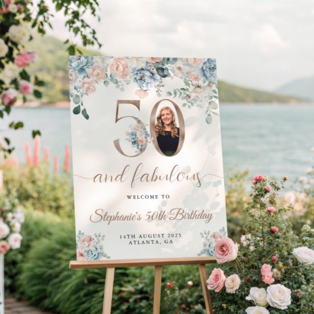Blue and Pink Floral Photo 50th Birthday Welcome Poster (Creator Uploaded)