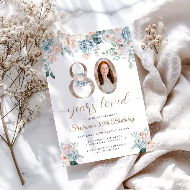 Blue and Pink Floral Photo 80th Birthday Invitation (Creator Uploaded)