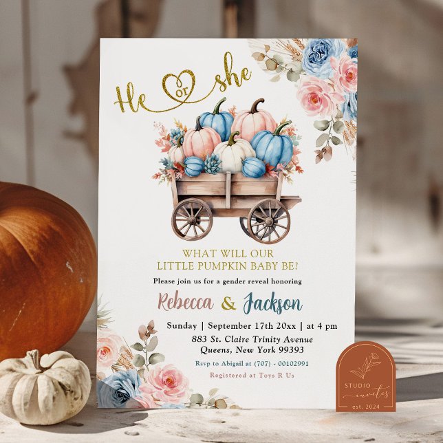 Blue and Pink Floral Pumpkin Gender Reveal Invitation (Creator Uploaded)