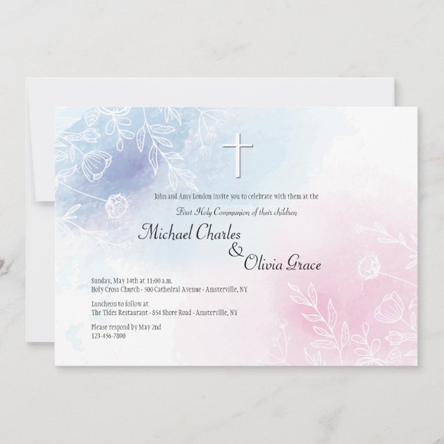 Blue and Pink Floral Religious Invitation (Front)