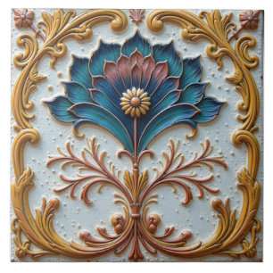 Blue and pink floral rosette tile