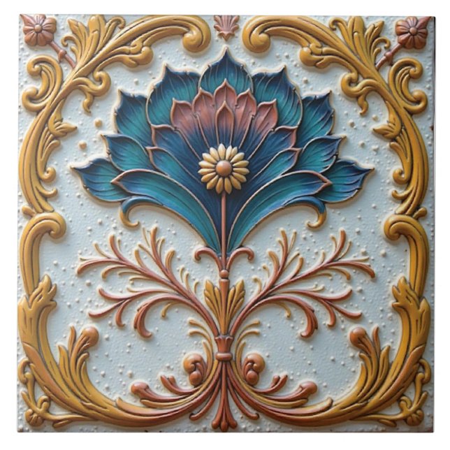 Blue and pink floral rosette tile (Front)