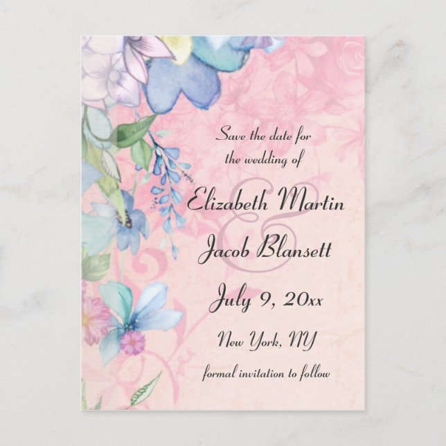 Blue and Pink Floral Save the Date Invitation Postcard (Front)