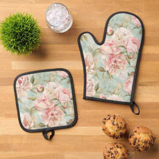 Blue and pink floral shabby chic oven mitt & pot holder set
