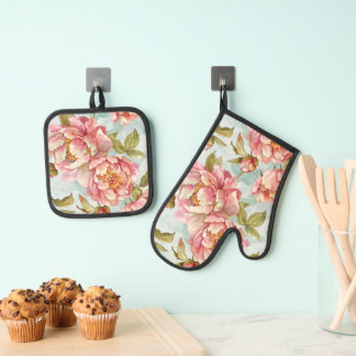 Blue and pink floral shabby chic oven mitt & pot holder set