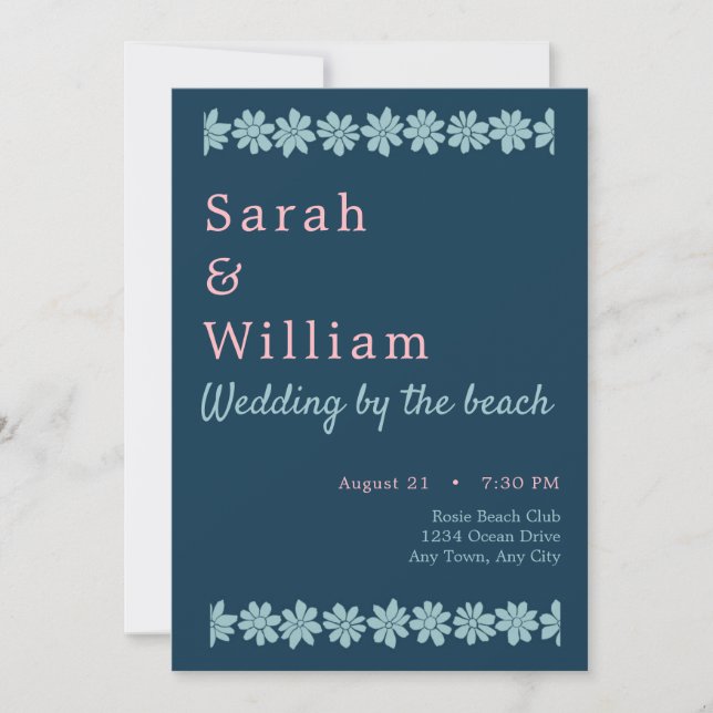 Blue and Pink Floral Wedding Invitation (Front)