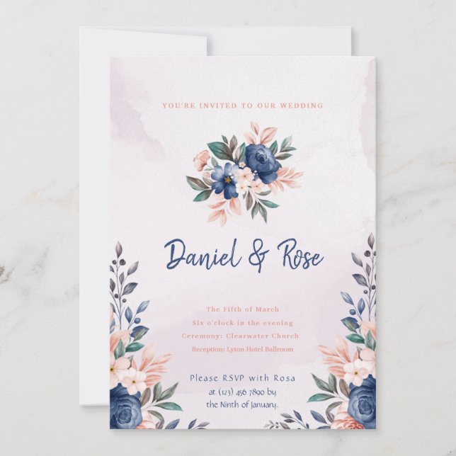 Blue and Pink Floral Wedding Invitation (Front)