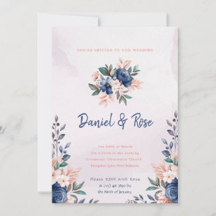 Blue and Pink Floral Wedding Invitation