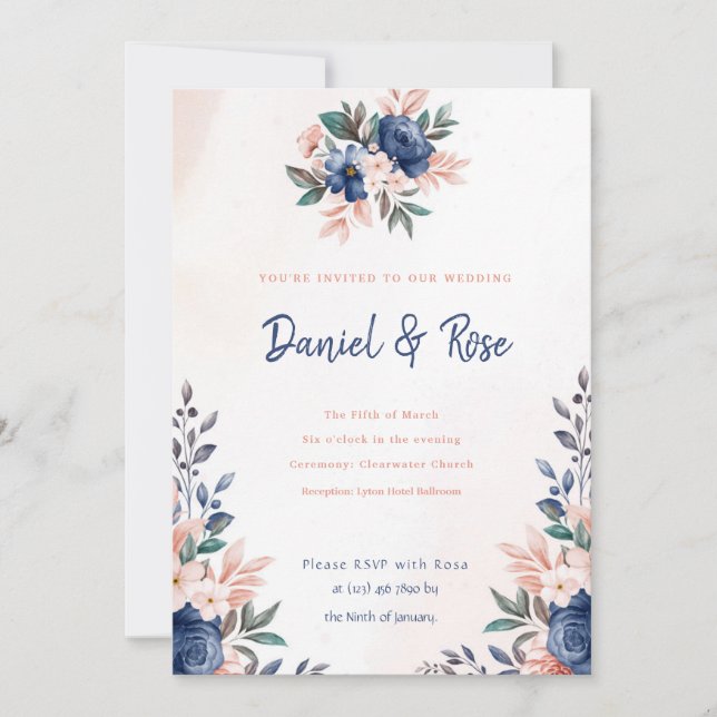 Blue and Pink Floral Wedding Invitation (Front)