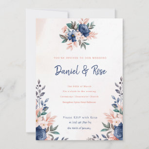 Blue and Pink Floral Wedding Invitation