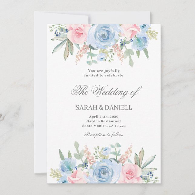 Blue and pink floral wedding invitation (Front)