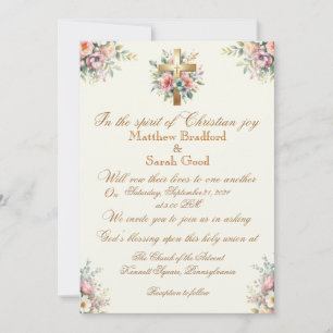 Blue and Pink Flower Gold Cross Wedding Invitation