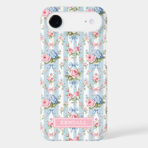 Blue and Pink Flowers and Bows Striped