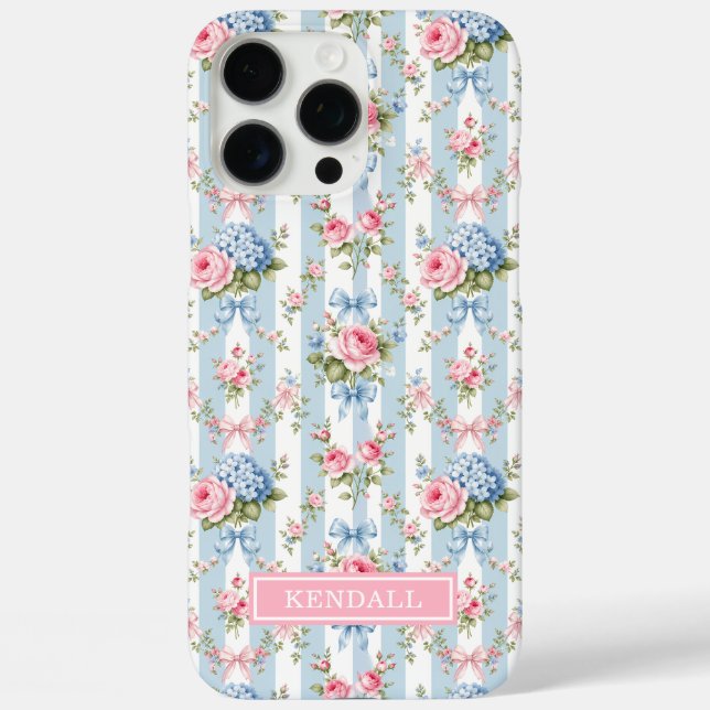 Blue and Pink Flowers and Bows Striped Case-Mate iPhone Case (Back)