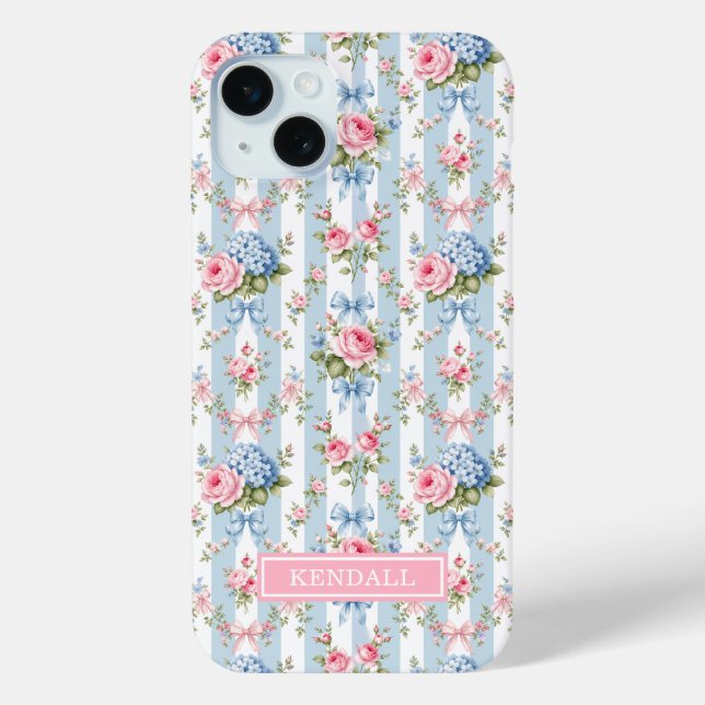 Blue and Pink Flowers and Bows Striped Case-Mate iPhone Case (Back)