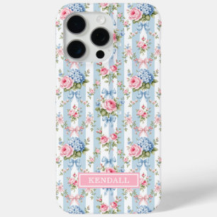 Blue and Pink Flowers and Bows Striped iPhone 15 Pro Max Case