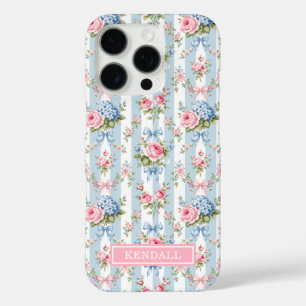 Blue and Pink Flowers and Bows Striped iPhone 16 Pro Case