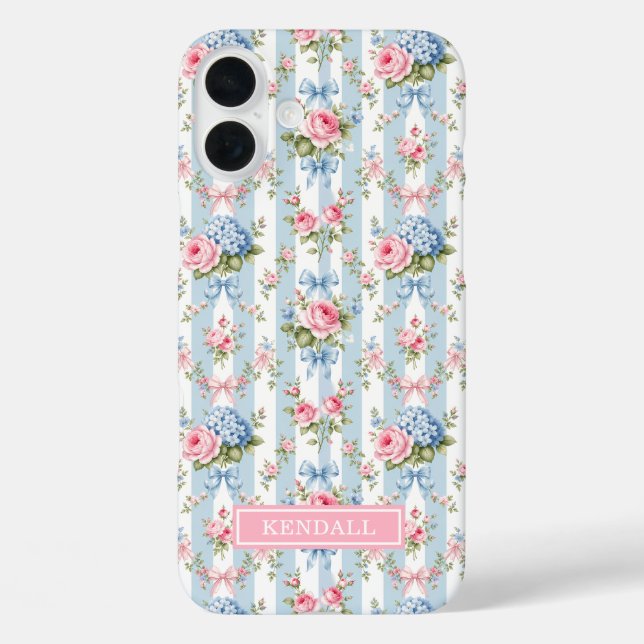 Blue and Pink Flowers and Bows Striped Case-Mate iPhone Case (Back)