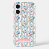 Blue and Pink Flowers and Bows Striped
