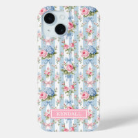Blue and Pink Flowers and Bows Striped
