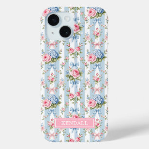 Blue and Pink Flowers and Bows Striped iPhone 15 Case