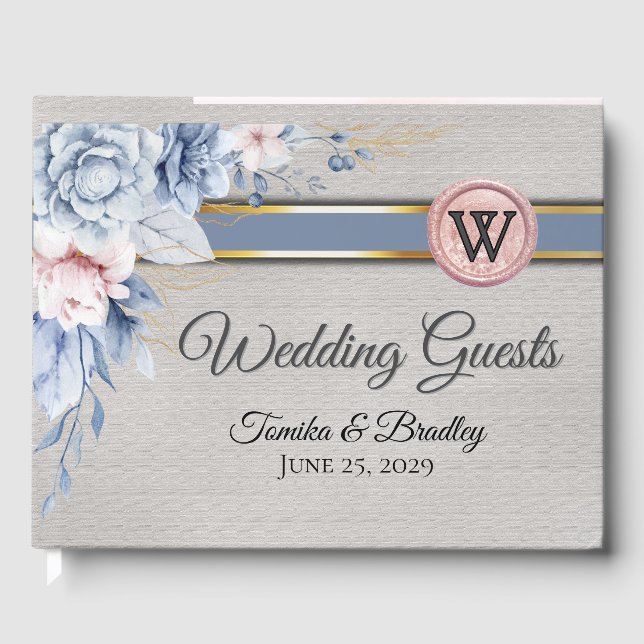 Blue and Pink Flowers on Grey Wedding  Guest Book (Front)