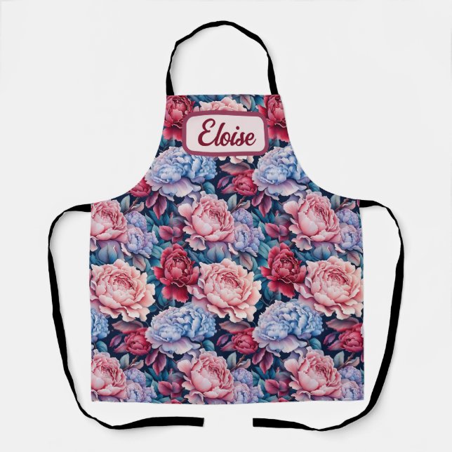 Blue and Pink Flowers Personalised Apron (Front)
