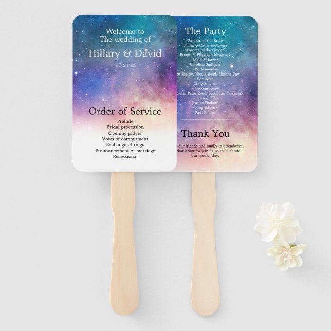 Blue and Pink Galaxy Wedding Program Hand Fan (Front and Back)