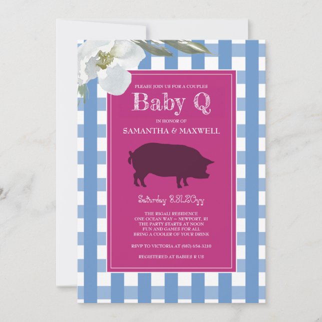 Blue and Pink Gingham Baby Q Invitation (Front)