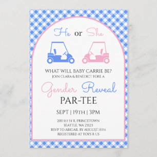 Blue And Pink Gingham Golf Gender Reveal Invitation