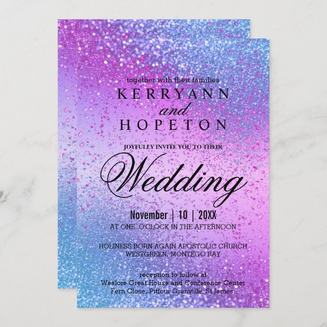 Blue and Pink Glitter Invitation (Front/Back)