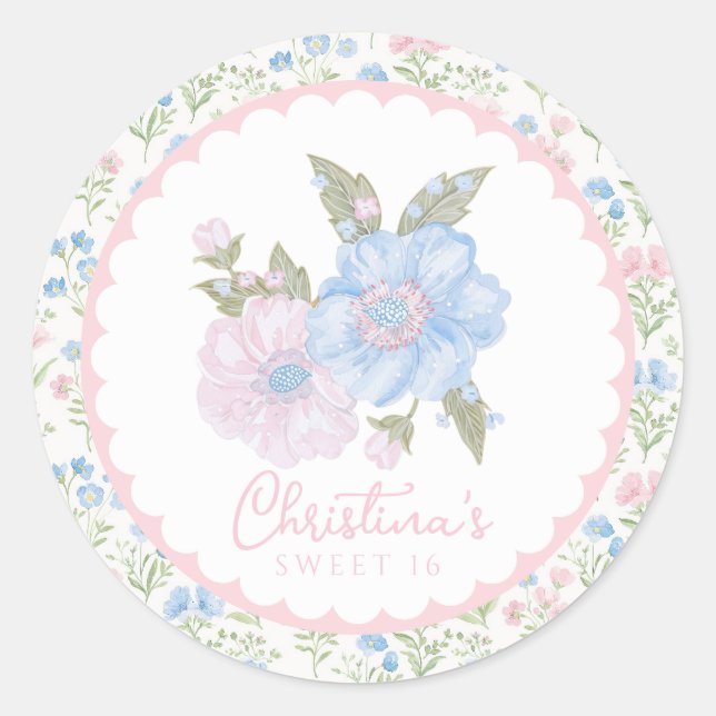 Blue and Pink Grandmillennial Floral Sweet 16 Classic Round Sticker (Front)
