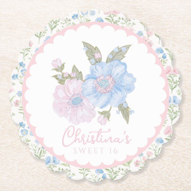 Blue and Pink Grandmillennial Floral Sweet 16 Paper Coaster (Front)