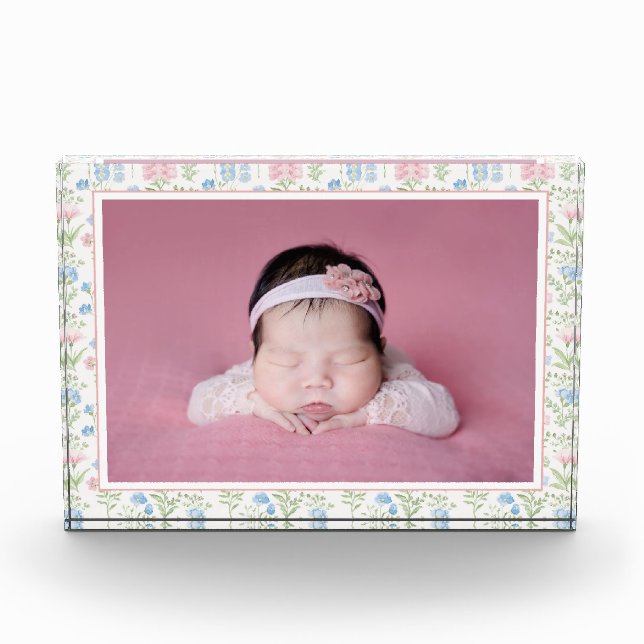 Blue and Pink Grandmillennial Flower Baby  Photo Block (Front)