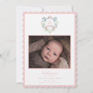 Blue and Pink Grandmillennial Ribbon Crest Baby  Announcement