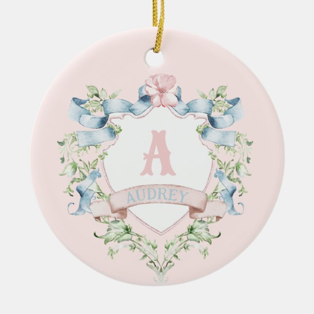 Blue and Pink Grandmillennial Ribbon Crest  Ceramic Tree Decoration (Front)