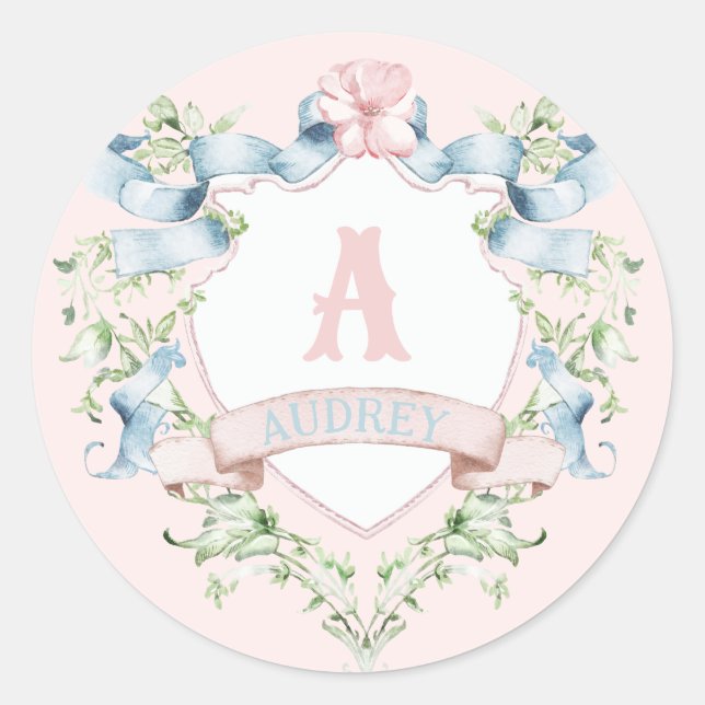 Blue and Pink Grandmillennial Ribbon Crest  Classic Round Sticker (Front)
