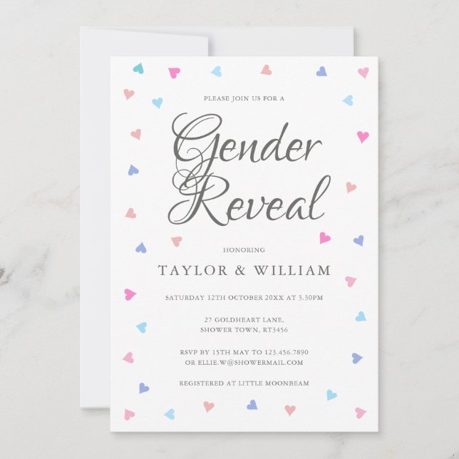 Blue And Pink Hearts Gender Reveal Party Invitation (Front)
