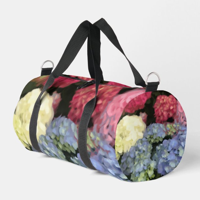 Blue and Pink Hydrangea Digital Flower Painting Duffle Bag (Left Corner)