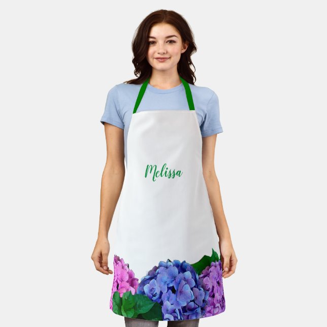 Blue and Pink Hydrangea Floral Personalised Apron (Worn)