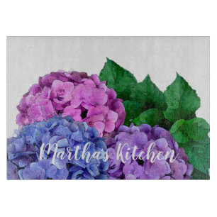Blue and Pink Hydrangea Flowers Personalised Cutting Board