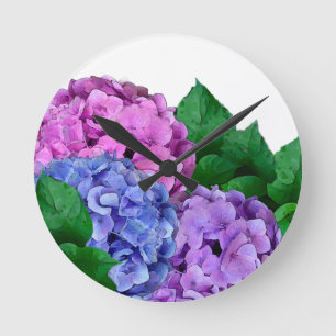 Blue and Pink Hydrangea Flowers Round Clock