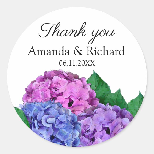 Blue and Pink Hydrangea Flowers Wedding Thank You Classic Round Sticker (Front)