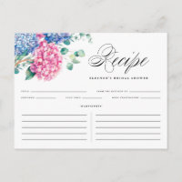 Blue and Pink Hydrangeas Bridal Shower Recipe Card